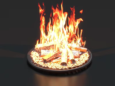 Round Fire Pit Design with Burning Flames Wood Logs and Decorative Pebbles on Dark Background 3d model