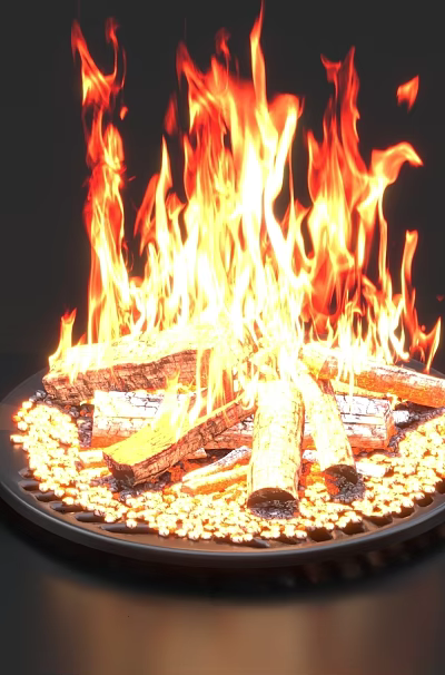 Round Fire Pit Design with Burning Flames Wood Logs and Decorative Pebbles on Dark Background 3d model