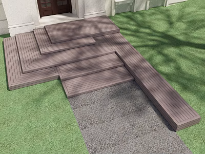 Modern Garden Wooden Deck With Steps Lawn And Gravel Path Near House Entrance 3d model