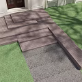 Modern Garden Wooden Deck With Steps Lawn And Gravel Path Near House Entrance