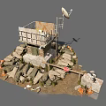 Military Watchtower Structure With Stone Base Wooden Platform Sandbags Traffic Cones And Barriers