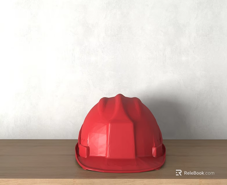 Red Hard Hat Placed On Wooden Table Against White Textured Wall 3d model