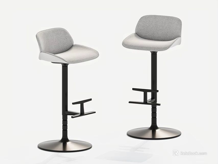 Modern Gray Upholstered Bar Stools With Black Metal Frames And Round Bases 3d model 