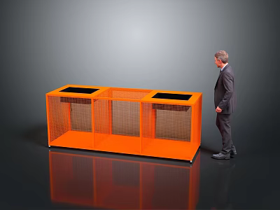 Elderly man in suit standing beside orange grid cabinet with black countertop areas 3d model