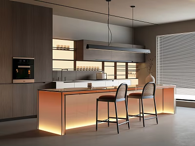 Modern Restaurant Open Kitchen Design Featuring Wooden Cabinets Island Counter Bar Stools And Pendant Lights 3d model