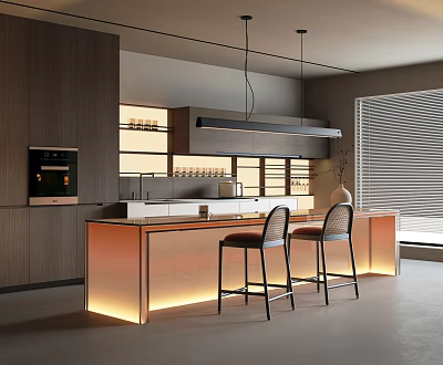 Modern Restaurant Open Kitchen Design Featuring Wooden Cabinets Island Counter Bar Stools And Pendant Lights 3d model