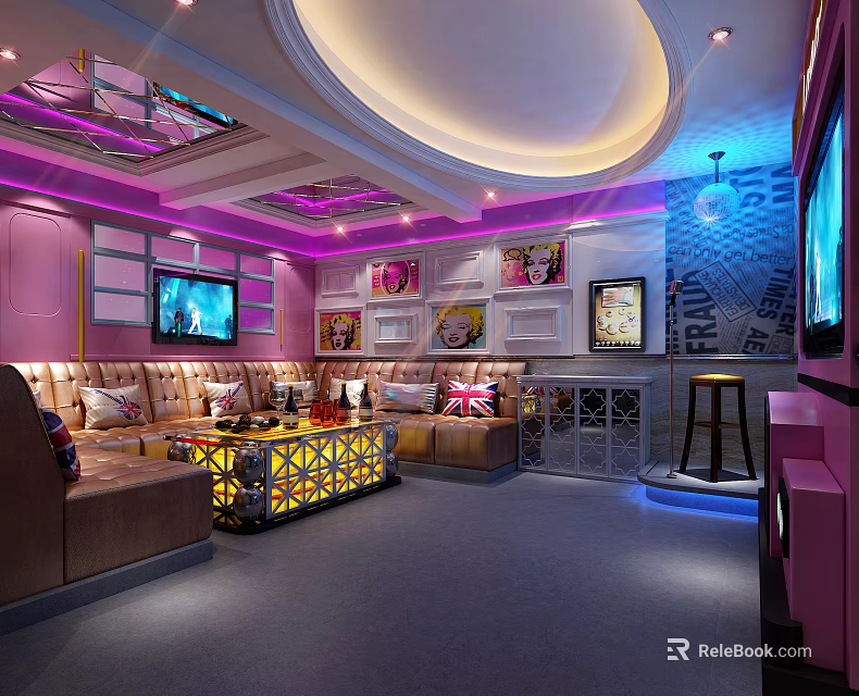 Modern KTV Interior Design With Sofa Coffee Table TV Lighting and Decorations 3d model 
