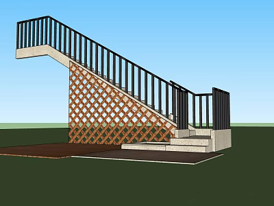 Modern Staircase With Black Railings Brown Lattice Side And Concrete Steps 3d model