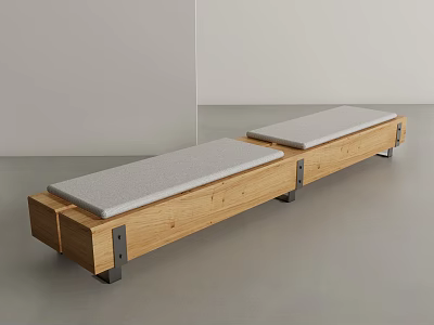 Wooden Bench With Gray Cushions And Metal Hardware In Minimalist Space 3d model