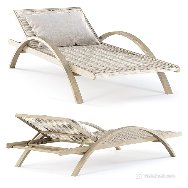 Stylish Modern Outdoor Wicker Lounge Chair With Wooden Frame And Cushion 3d model 