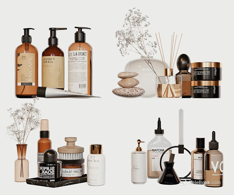 Modern Bathroom Accessories With Bottles Diffusers Jars And Dried Flowers 3d model 