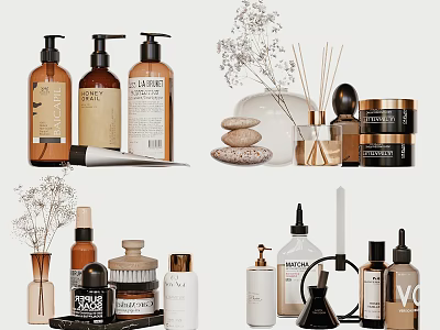 Modern Bathroom Accessories With Bottles Diffusers Jars And Dried Flowers 3d model