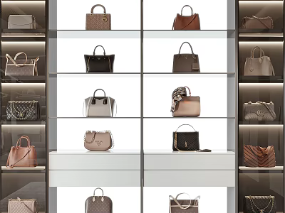 Fashionable Handbags Display With Various Styles And Leather Materials On Shelves 3d model