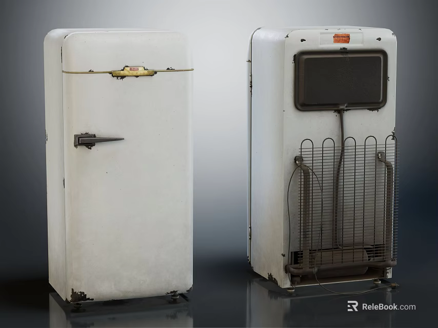 Vintage White Refrigerator Freezer Pair With Classic Design Handle And Mesh Rack 3d model 