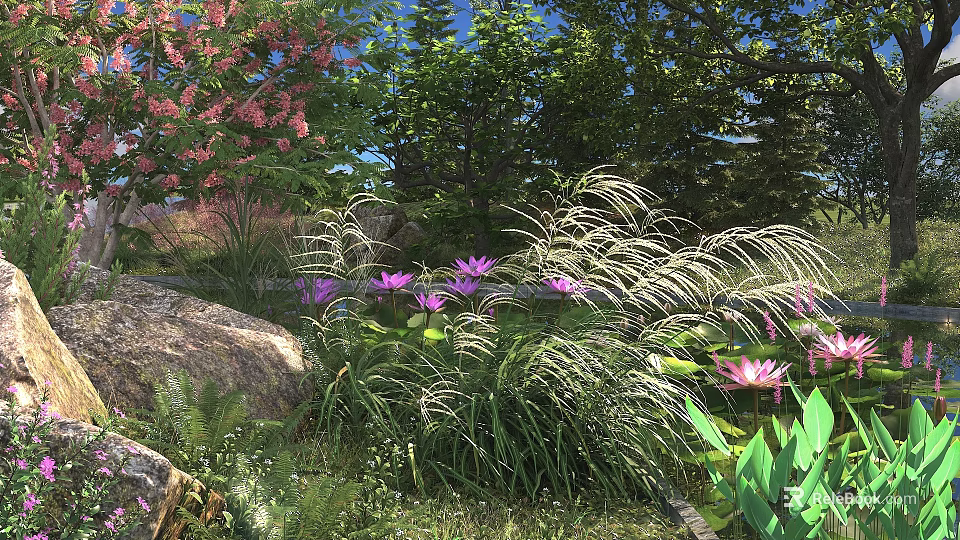 Pink Flowers and Purple Lotus in Lush Green Grass with Rocks Trees and Blue Sky 3d model 