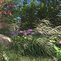 Pink Flowers and Purple Lotus in Lush Green Grass with Rocks Trees and Blue Sky