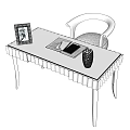 White Modern Desk with Scalloped Edge Decorative Clock Notebook Mobile Phone and Vase