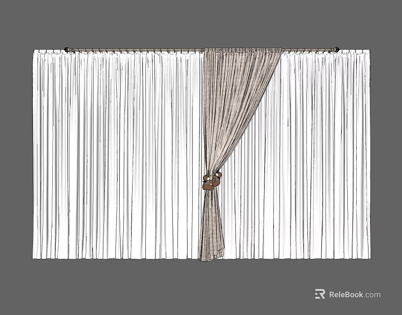 White And Beige Striped Curtain Design With Tieback In Half Open Style 3d model 