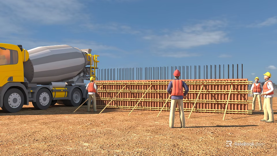Construction Site With Concrete Mixer Truck Workers In Hard Hats And Orange Vests Constructing Formwork 3d model 