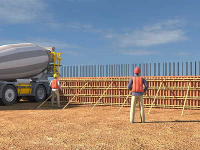 Construction Site With Concrete Mixer Truck Workers In Hard Hats And Orange Vests Constructing Formwork 3d model