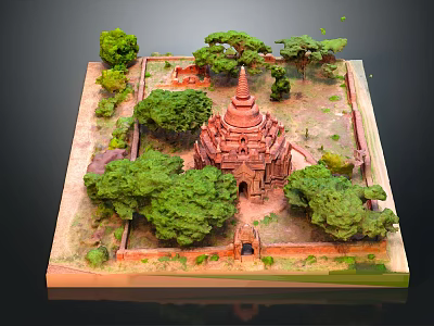 Ancient Architecture Model Featuring Red Pagoda Surrounded By Green Trees And Enclosure 3d model