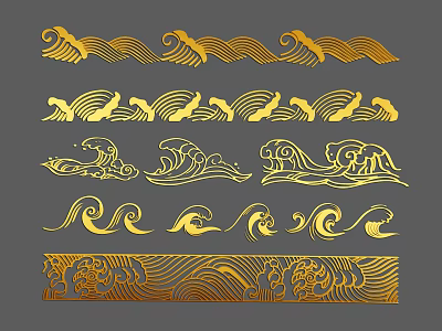 Various Golden Wave Ornamental Patterns For Traditional Art Design 3d model