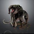 Giant Mammoth 3D Creature With Moss Dirt Covered Body Long Tusks And Open Mouth