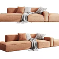Tan Modern Sectional Sofa With Multiple Decorative Pillows And Soft Throw Blanket 3d model