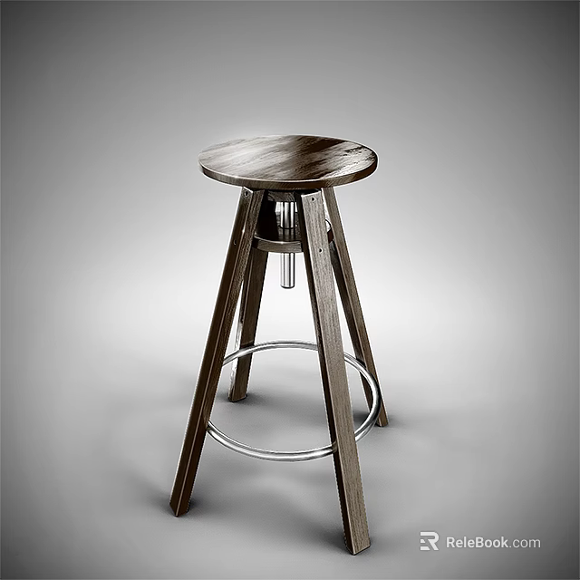 Modern Wooden Bar Stool With Round Seat Three Legs And Metal Footrest Design 3d model 