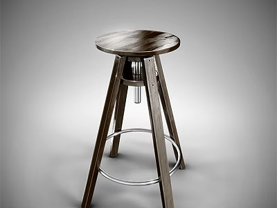Modern Wooden Bar Stool With Round Seat Three Legs And Metal Footrest Design 3d model
