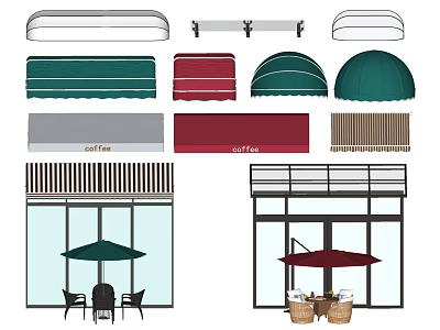Various Styles And Colors Of Awnings For Commercial Buildings With Outdoor Tables And Chairs 3d model
