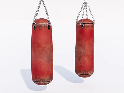 Two Red Punching Bags Hanging With Chains As Sports Fitness Equipment 3d model