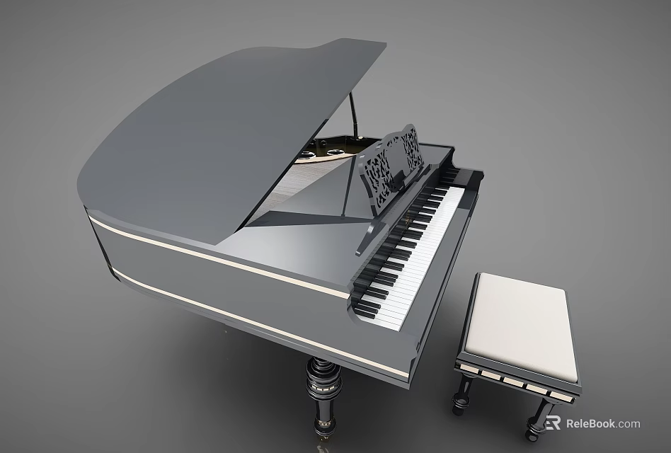 Black Grand Piano With Matching Stool Polished Surface Classic Design White Black Keys Elegant Look 3d model 