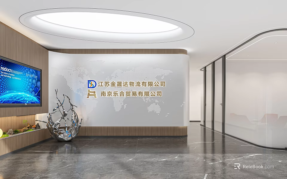 Elegant Modern Corporate Office Reception With Brand Logo Wall And Polished Marble Flooring Design 3d model 