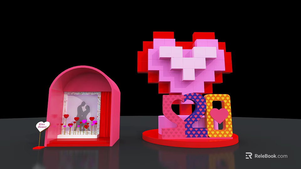 Decorative Heart Display With Pink Arched Box Photo Red Hearts Block Structure And 20 3d model 