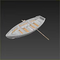 Traditional Small Wooden Boat Featuring Orange Seats And Wooden Oar