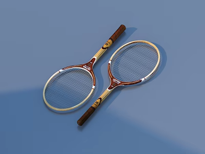 Two Brown And Beige Tennis Rackets With Beige Frames Brown Handles On Blue Background 3d model