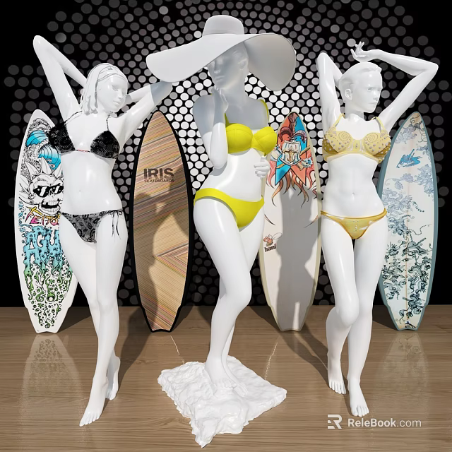Fashion Mannequins In Different Color Bikini Posing With Decorative Surfboards 3d model 