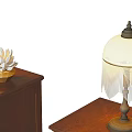 Wooden Nightstands With Drawers Table Lamp Fringed Lampshade Books Small Plant And Decorative Figurine
