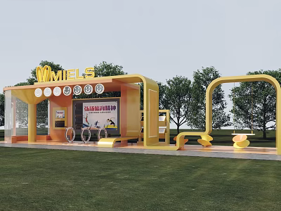 WMILES Yellow Outdoor Kiosk With Green Lawn Trees And Playful Swings 3d model
