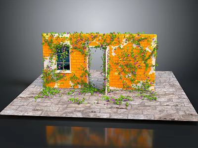 Orange Wall Structure With Climbing Vines Window Doorway And Stone Slab Floor 3d model
