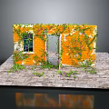Orange Wall Structure With Climbing Vines Window Doorway And Stone Slab Floor