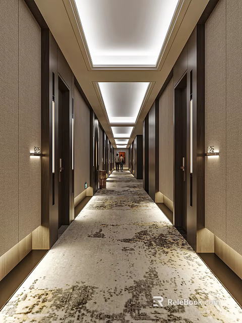 Modern Elevator Hallway Design With Long Corridor Side Doors Ceiling Lighting And Decorative Carpet 3d model 