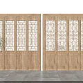 Elegant Chinese Wooden Screen Doors Interior With Hollow Patterns And Green Plant