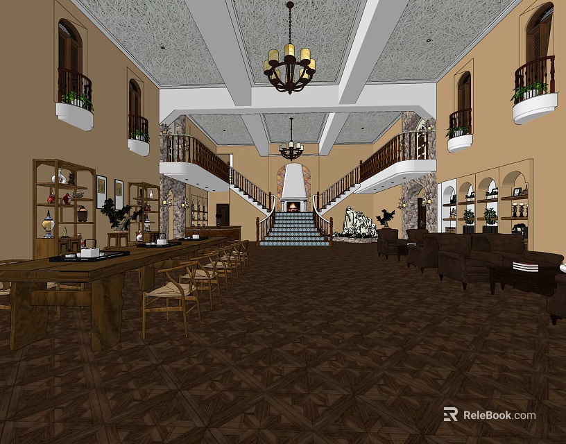 Elegant Hotel Lobby Interior With Chandelier Staircase Wooden Floor And Sofa Seating 3d model 
