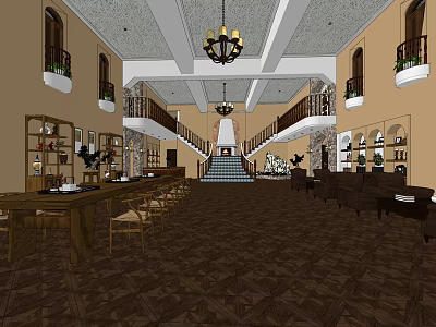 Elegant Hotel Lobby Interior With Chandelier Staircase Wooden Floor And Sofa Seating 3d model
