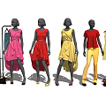 Fashion Models In Colorful Dresses And Pants With Hanging Clothes And Accessories