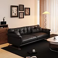 Modern Living Room Interior Design With Black Leather Sofa Wall Art Floor Lamp Wooden Cabinet