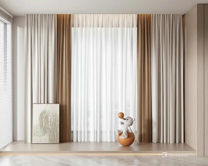 Elegant Sheer And Opaque Curtains In White Beige Tones For Modern Living Room Decor 3d model 
