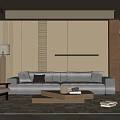 Modern Elegant Living Room With Beige Sofa Coffee Table Rug And Wooden Shelves